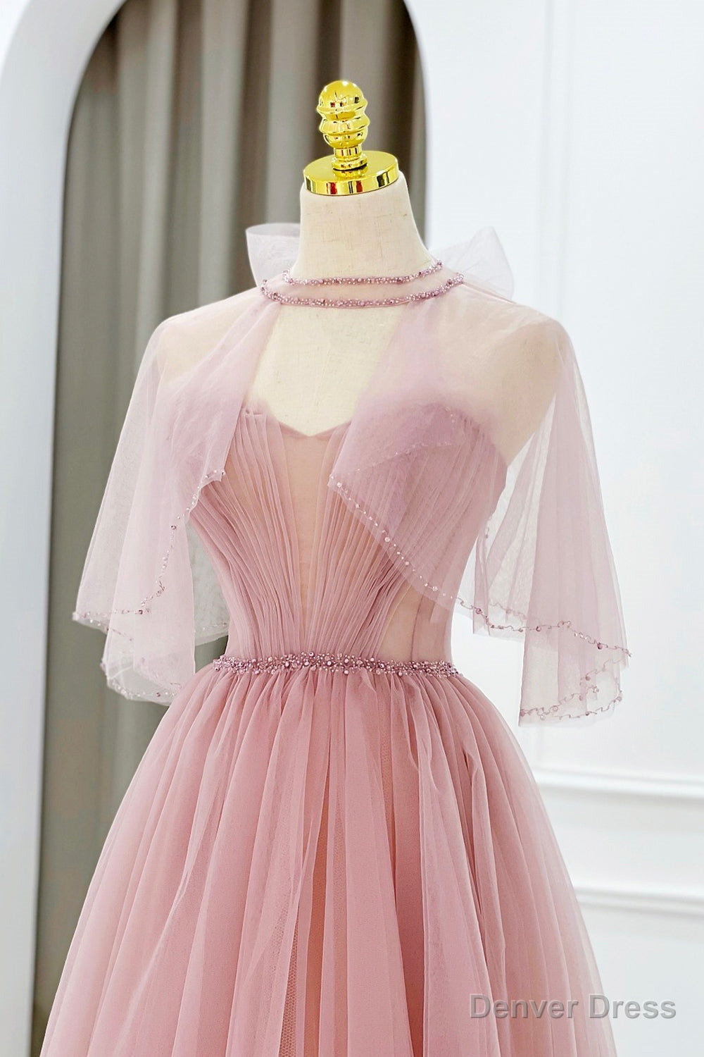 Pink Tulle Beaded Long Prom Dress, Lovely Pink Prom Dresses