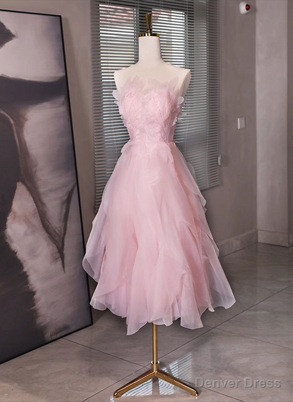 Pink Tulle Beaded Low Back Short Party Dress, Pink Tulle Homecoming Dress Main image