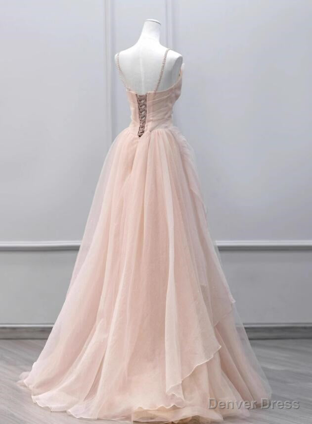Pink Tulle Beaded Straps Long Prom Dress, A-line Pink Tulle Party Dress Secondary image