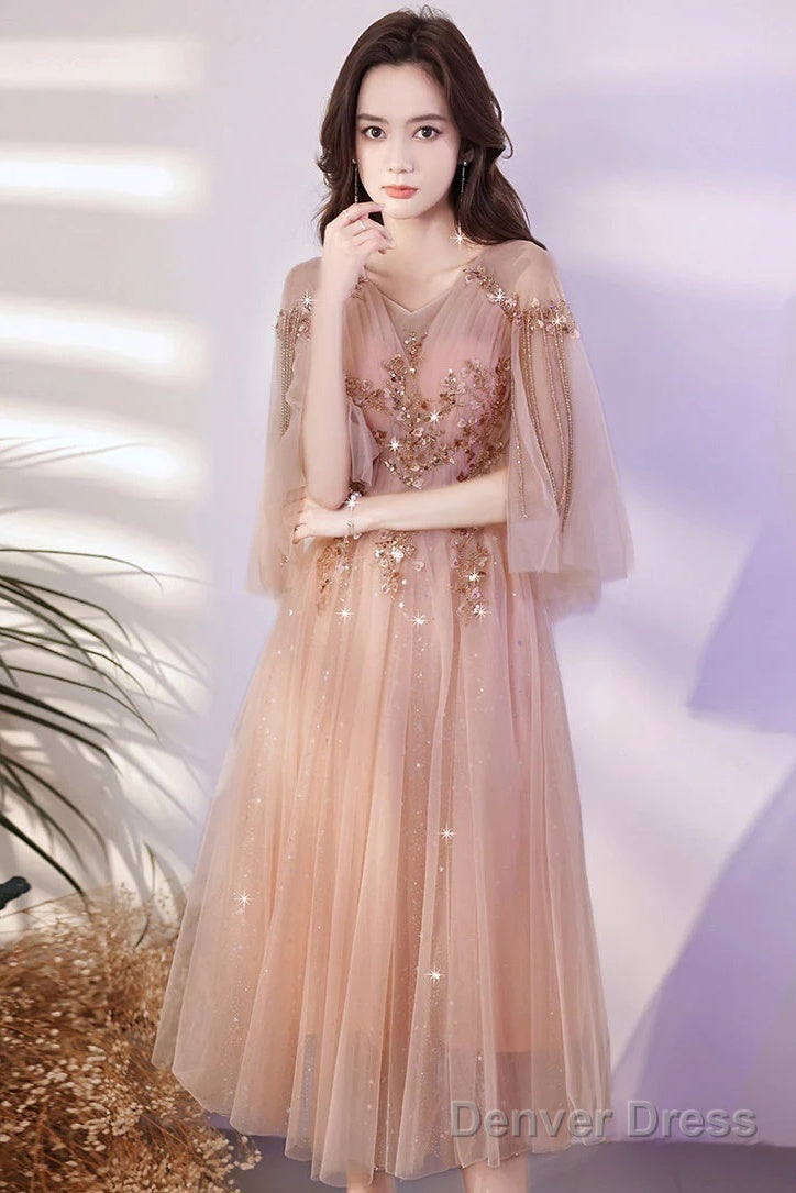 Pink Tulle Beaded Tea Length Wedding Party Dress, Pink Tulle Short Homecoming Dress