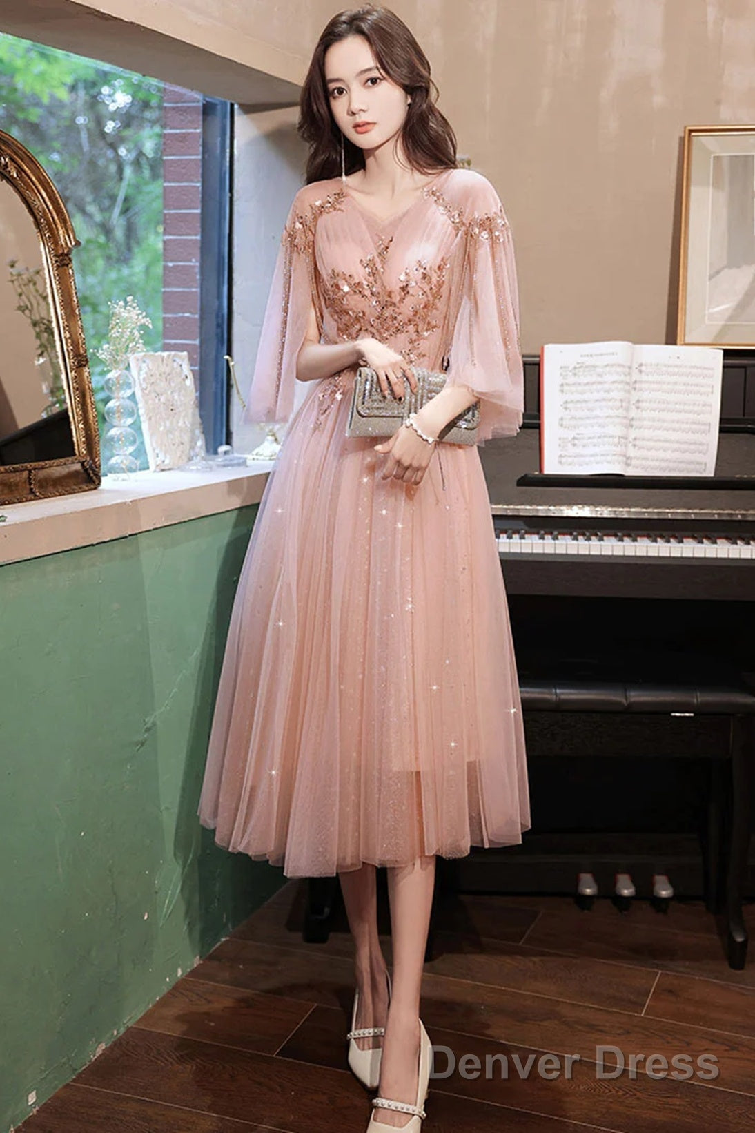 Pink Tulle Beaded Tea Length Wedding Party Dress, Pink Tulle Short Homecoming Dress Main image
