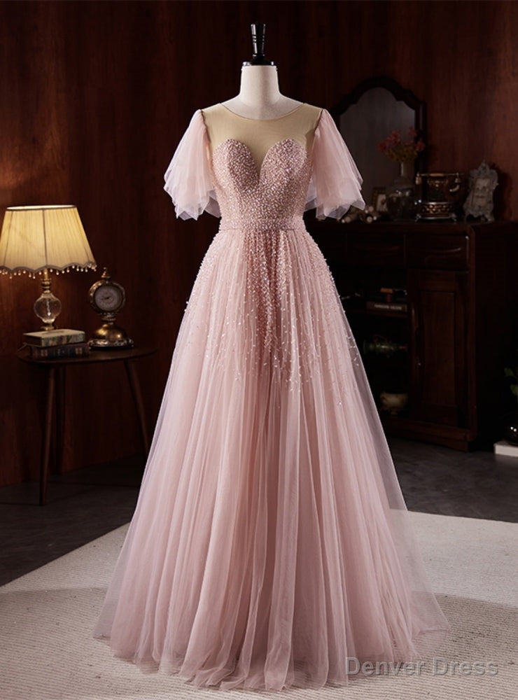 Pink Tulle Beading Backless Prom Dresses