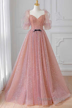 Pink Tulle Beautiful Puffy Sleeves Long Prom Dresses, Pink A-Line Evening Dresses