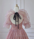 Pink Tulle Beautiful Puffy Sleeves Long Prom Dresses, Pink A-Line Evening Dresses