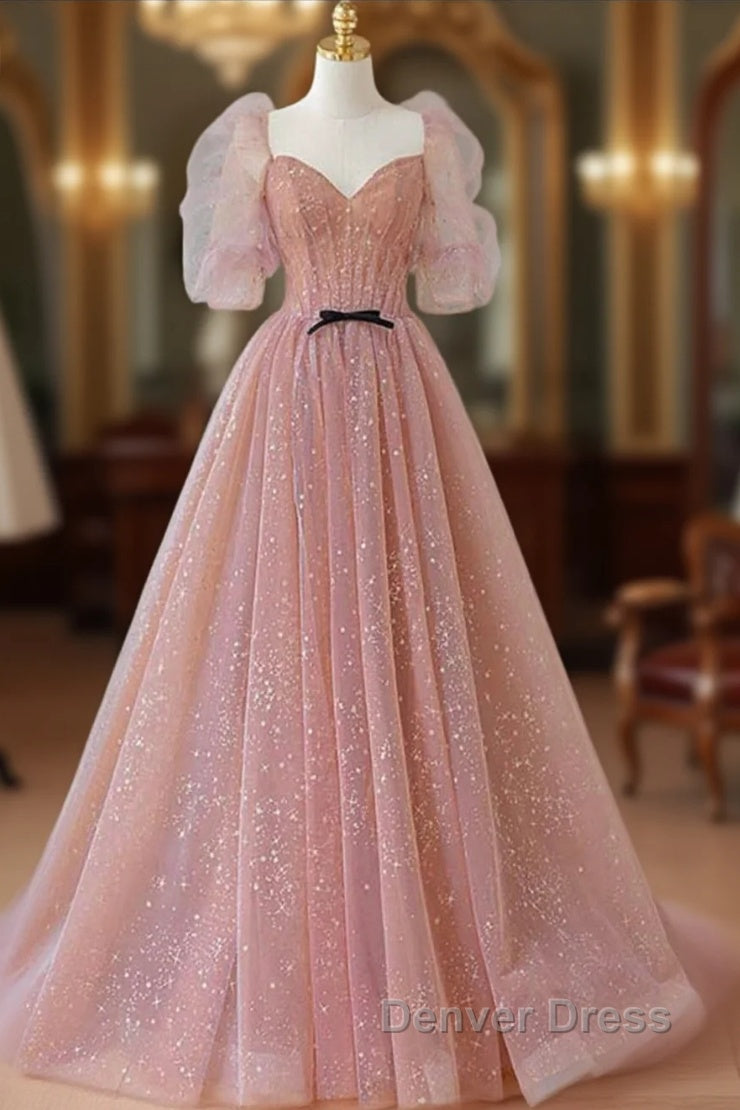 Pink Tulle Beautiful Puffy Sleeves Long Prom Dresses, Pink A-Line Evening Dresses