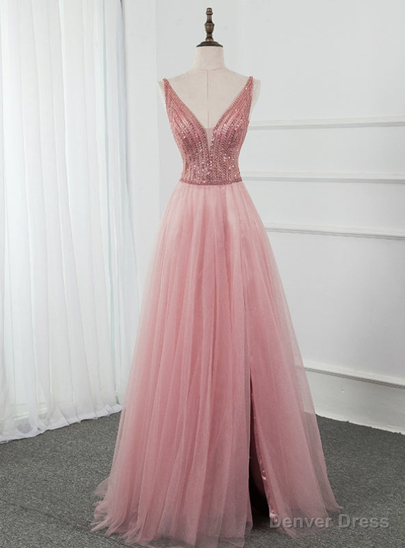 Pink Tulle Deep V Neck Backless Beading Sequins Prom Dresses