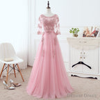 Pink Tulle Elegant Prom Dress with Lace, Pink A Line Prom Dress Bridesmaid Dresses
