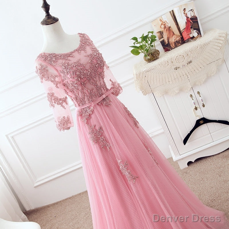 Pink Tulle Elegant Prom Dress with Lace, Pink A Line Prom Dress Bridesmaid Dresses