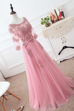 Pink Tulle Elegant Prom Dress with Lace, Pink A Line Prom Dress Bridesmaid Dresses