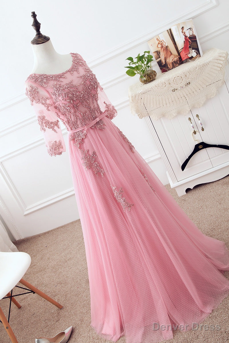 Pink Tulle Elegant Prom Dress with Lace, Pink A Line Prom Dress Bridesmaid Dresses