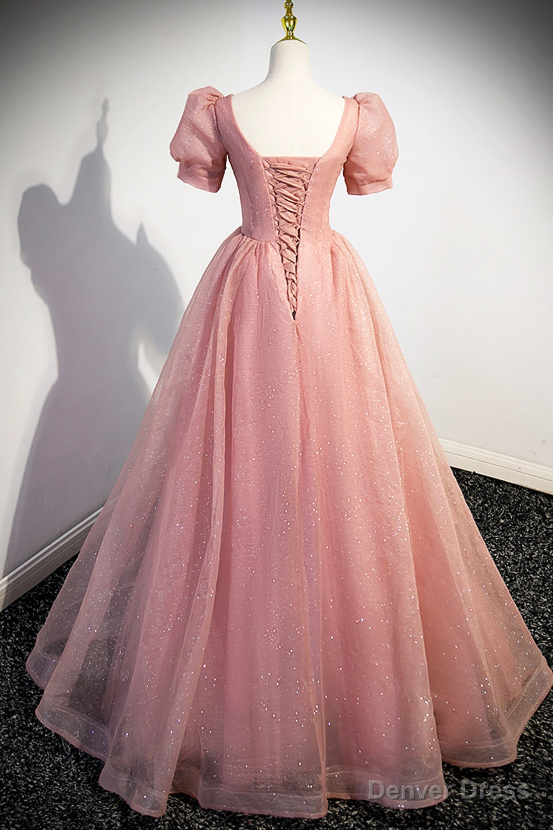 Pink Tulle Floor Length Prom Dress, Cute Short Sleeve Evening Dress