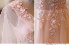 Pink Tulle Floral Applique Prom Dresses, Puff Sleeves Long Formal Dress