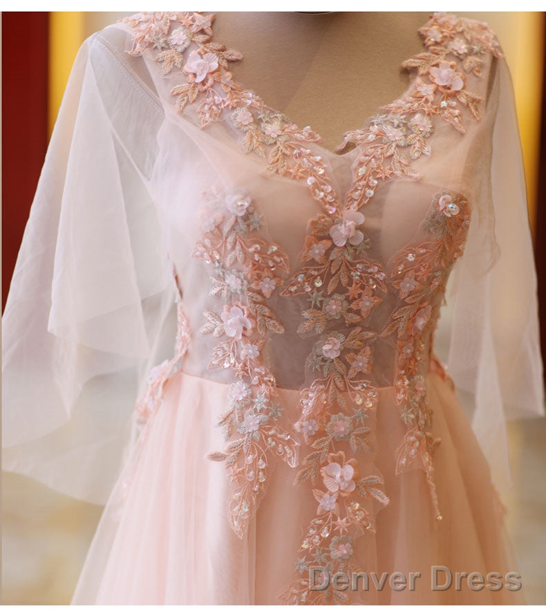 Pink Tulle Flower Lace V-Neckline Floor Length Party Dresses, Lovely Pink Prom Dress Secondary image