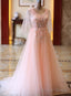 Pink Tulle Flower Lace V-Neckline Floor Length Party Dresses, Lovely Pink Prom Dress