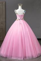 Pink Tulle Flower Long Prom Dresses, Cute Spaghetti Sweet 16 Dresses