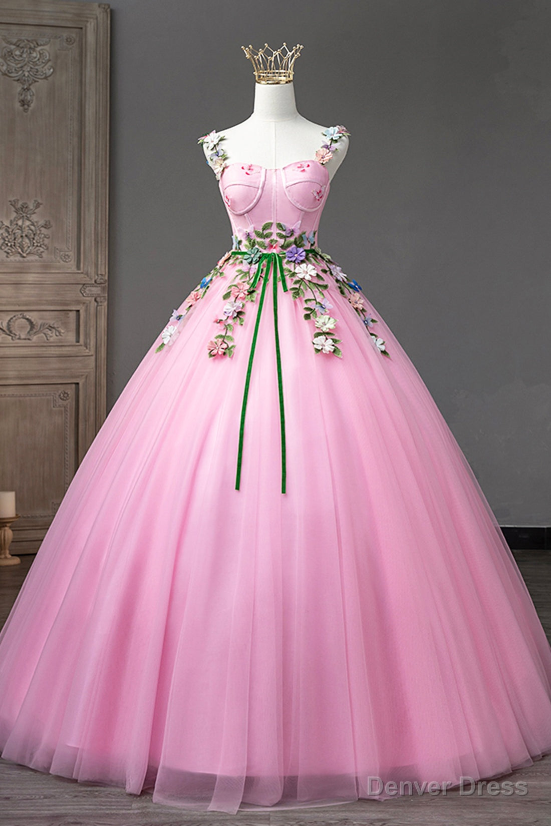 Pink Tulle Flower Long Prom Dresses, Cute Spaghetti Sweet 16 Dresses Secondary image