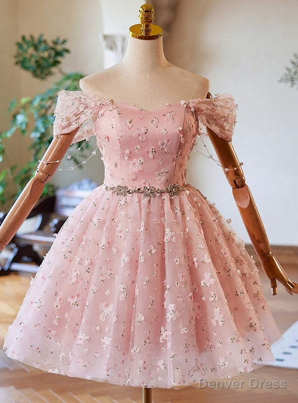 Pink Tulle Flower Off the Shoulder Homecoming Dresses Main image
