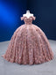 Pink Tulle Flower Sequins Prom Dresses