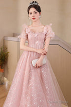 Pink Tulle Flowers Floor Length Prom Dress, Beautiful A Line Prom Dresses