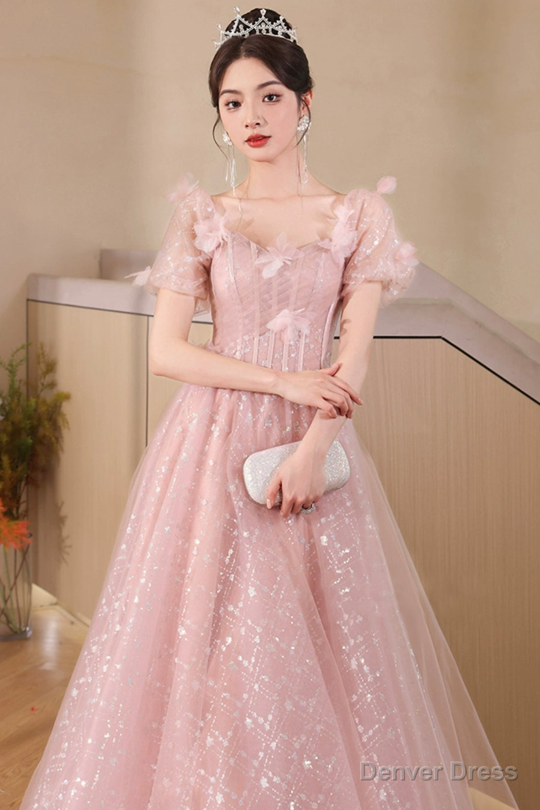 Pink Tulle Flowers Floor Length Prom Dress, Beautiful A Line Prom Dresses