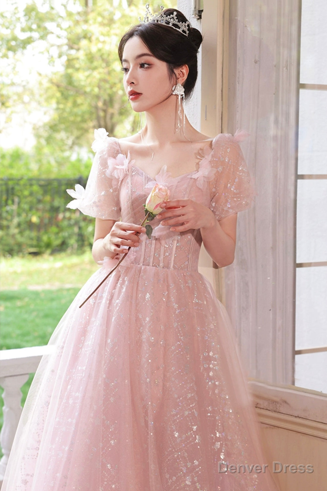 Pink Tulle Flowers Floor Length Prom Dress, Beautiful A Line Prom Dresses