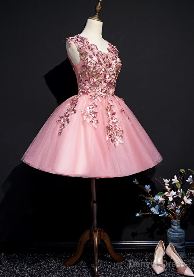 Pink Tulle Flowers Homecoming Dress, Short Pink Teen Prom Dresses Main image