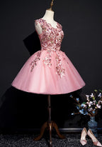 Pink Tulle Flowers Homecoming Dress, Short Pink Teen Prom Dresses