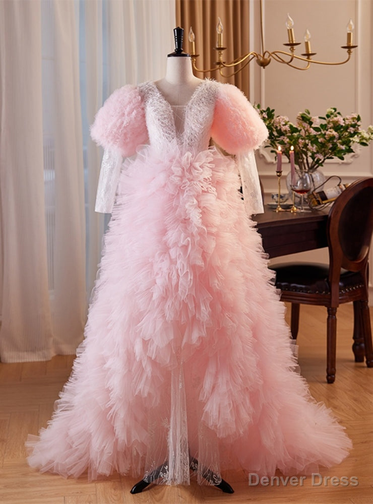 Pink Tulle Long Sleeve Prom Dresses