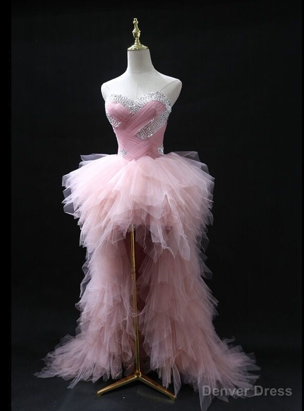 Pink Tulle Strapless Beading Prom Dresses