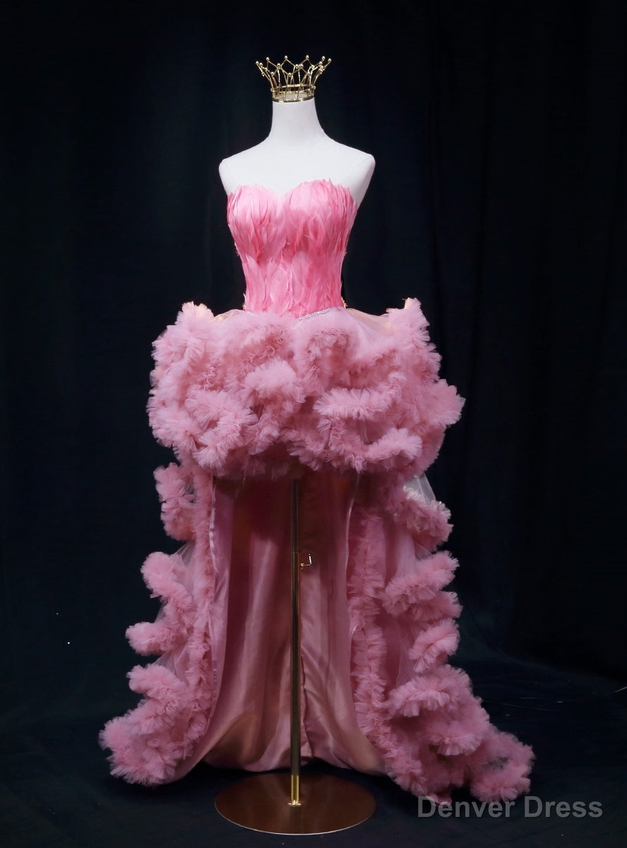 Pink Tulle Strapless Feather Prom Dresses
