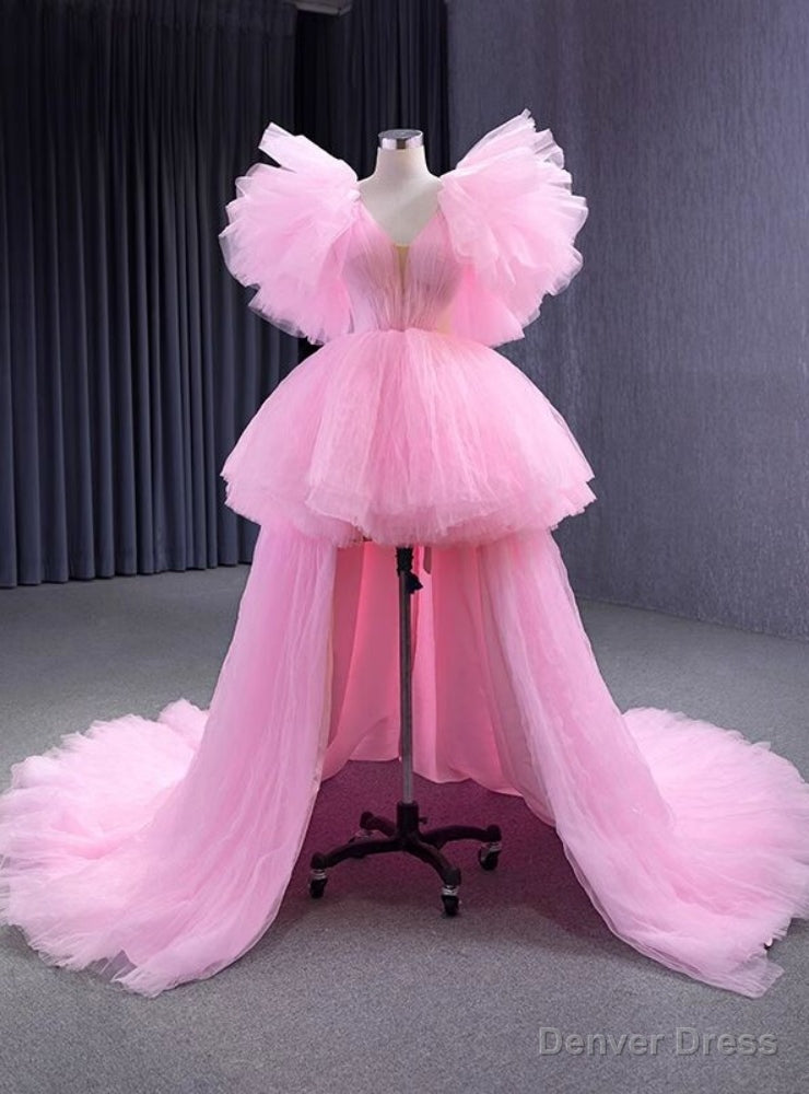 Pink Tulle V Neck Pleats Prom Dresses
