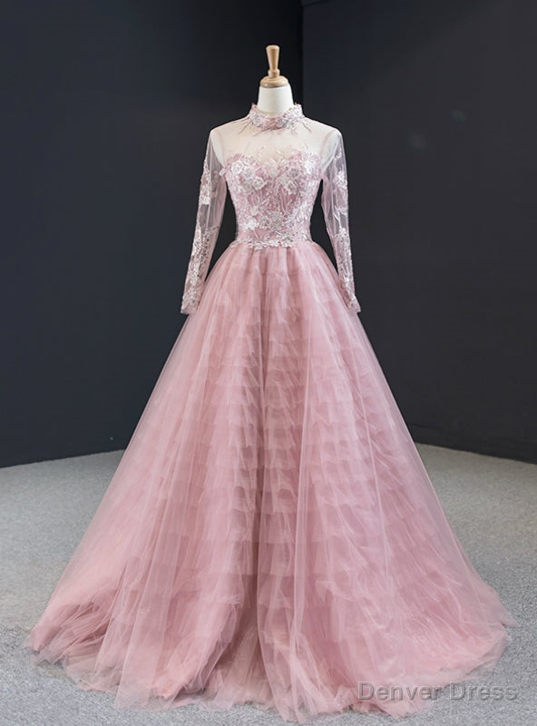 Pink Tulle High Neck Long Sleeve Backless Appliques Prom Dresses