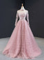 Pink Tulle High Neck Long Sleeve Backless Appliques Prom Dresses