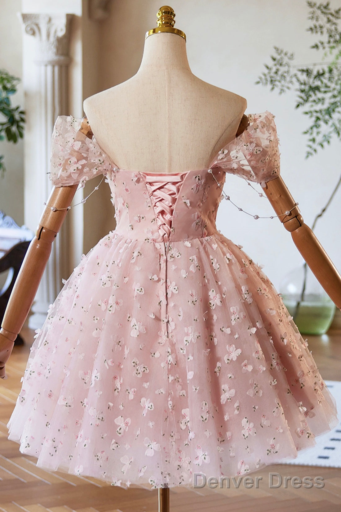 Pink Tulle Knee Length Prom Dress, A Line Off The Shoulder Prom Dresses