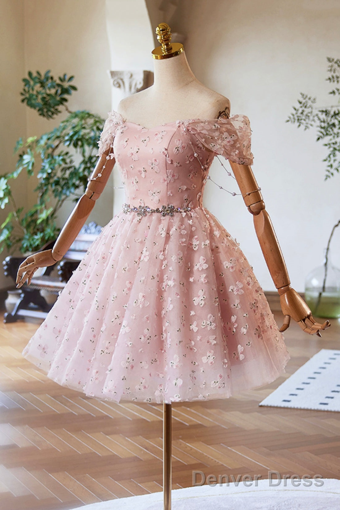 Pink Tulle Knee Length Prom Dress, A Line Off The Shoulder Prom Dresses
