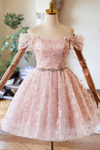 Pink Tulle Knee Length Prom Dress, A Line Off The Shoulder Prom Dresses