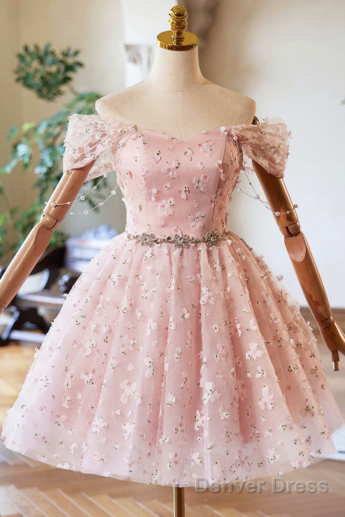 Pink Tulle Knee Length Prom Dress, A Line Off The Shoulder Prom Dresses