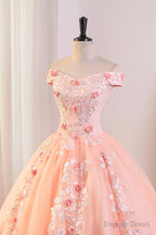 Pink Tulle Lace and Flowers Ball Gowns Prom Dress, Pink Long Sweet 16 Dresses
