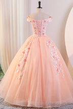 Pink Tulle Lace and Flowers Ball Gowns Prom Dress, Pink Long Sweet 16 Dresses