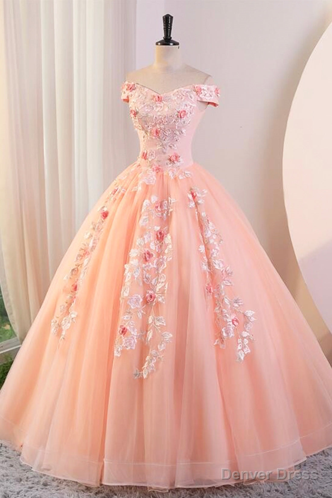 Pink Tulle Lace and Flowers Ball Gowns Prom Dress, Pink Long Sweet 16 Dresses Main image