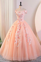 Pink Tulle Lace and Flowers Ball Gowns Prom Dress, Pink Long Sweet 16 Dresses