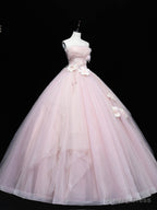 Pink Tulle Lace Applique Long Prom Dress, Pink Sweet 16 Dresses