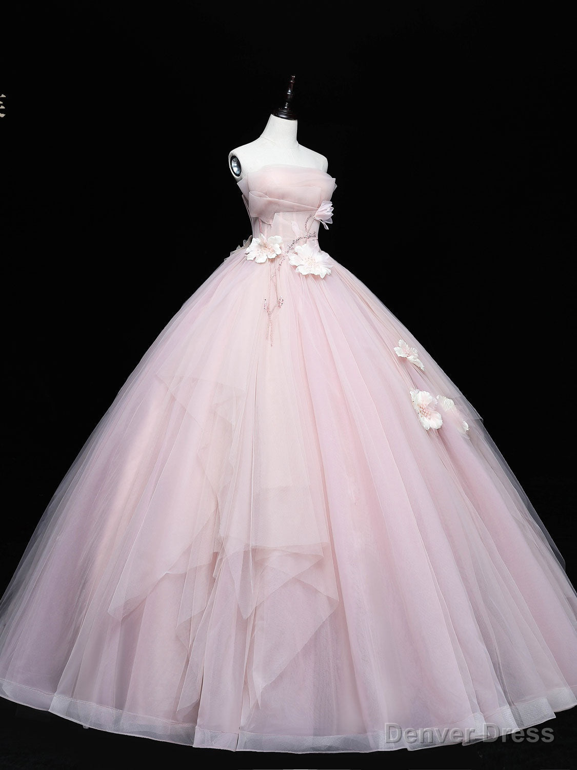 Pink Tulle Lace Applique Long Prom Dress, Pink Sweet 16 Dresses