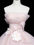 Pink Tulle Lace Applique Long Prom Dress, Pink Sweet 16 Dresses
