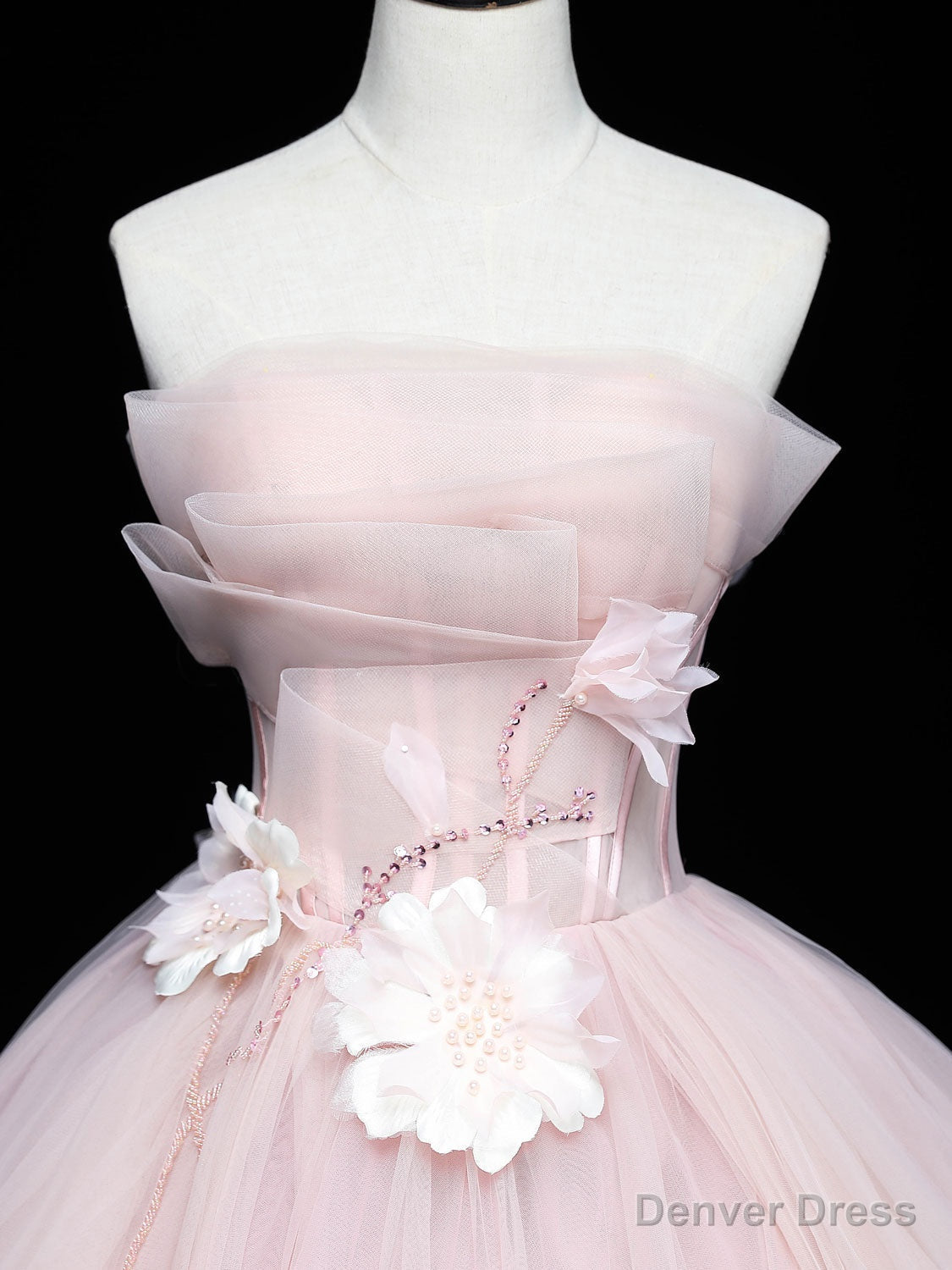 Pink Tulle Lace Applique Long Prom Dress, Pink Sweet 16 Dresses
