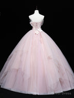 Pink Tulle Lace Applique Long Prom Dress, Pink Sweet 16 Dresses