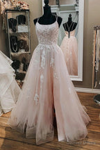 Pink Tulle Lace Appliques A Line Open Back Long Prom Dress, Pink Prom Dresses