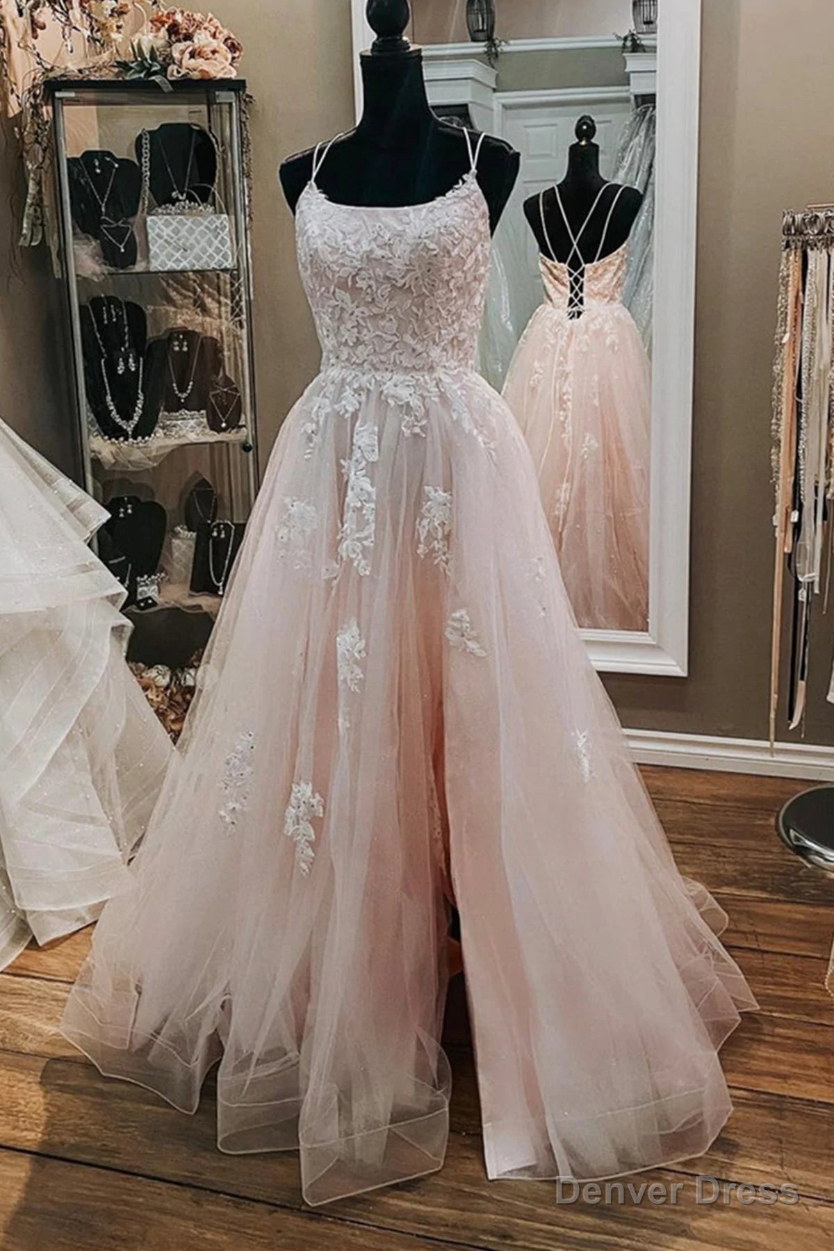 Pink Tulle Lace Appliques A Line Open Back Long Prom Dress, Pink Prom Dresses