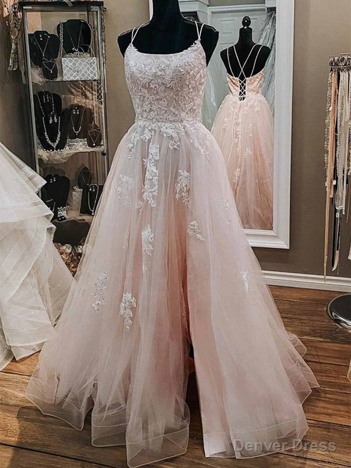 Pink Tulle Lace Appliques A Line Open Back Long Prom Dress, Pink Prom Dresses