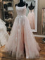 Pink Tulle Lace Appliques A Line Open Back Long Prom Dress, Pink Prom Dresses